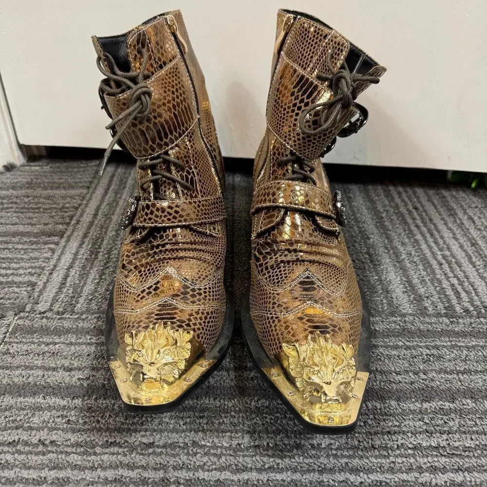 Aomi Shoes Snakeskin Western Gothic Boots w/ Gold Dragon Toe & Buckle Straps Men
